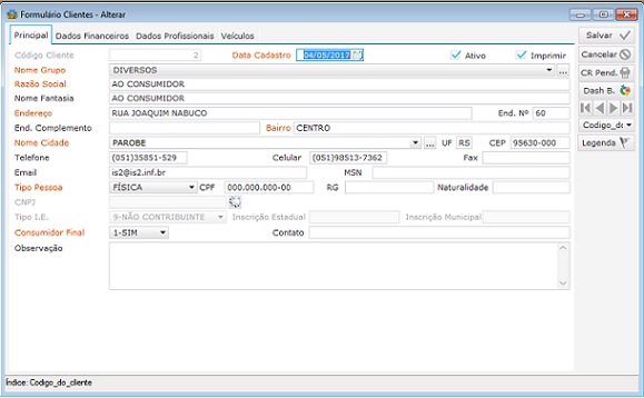 Software Oficina Mecânica - Cadastro de clientes Formulário