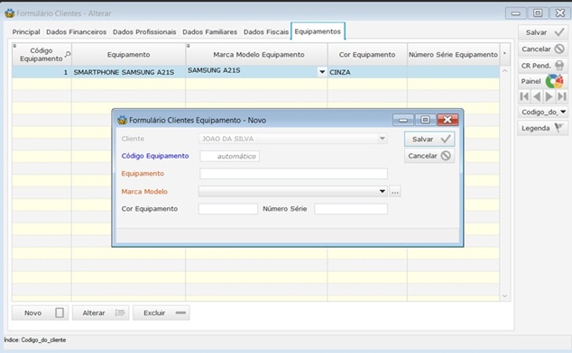 Software Assistência Técnica - Cadastro de equipamentos dos clientes Formulário