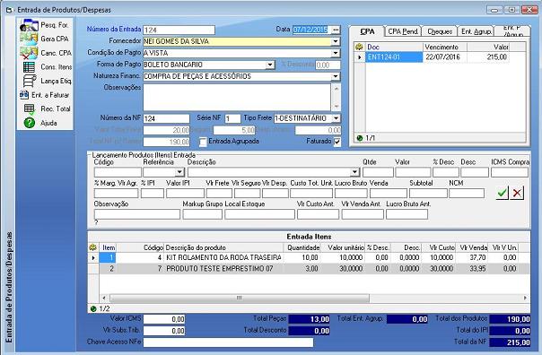 Software Oficina Mecânica - Tela de Entrada de Produtos e Despesas