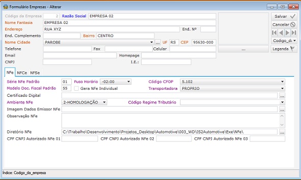 Software Oficina Mecânica - Tela de COnfigurações