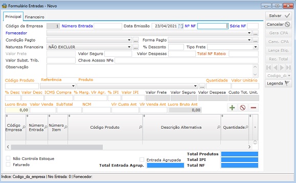 Software Oficina Mecânica - Tela de Entrada de Produtos e Despesas