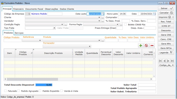 Software Oficina Mecânica - Tela de Pedido de Venda