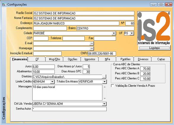 Software Para Loja de Bijuterias - Tela de COnfigurações