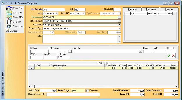 Software Para Agropecuária - Tela de Entrada de Produtos e Despesas