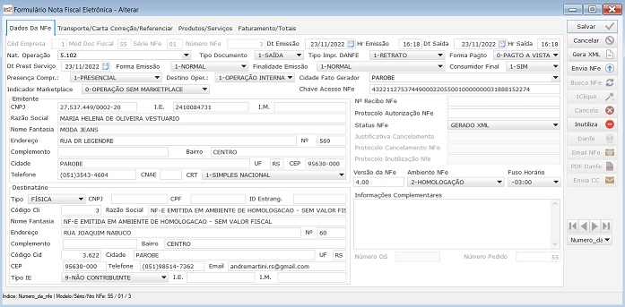 Software Loja de Roupas - Tela de NFe e NFCe