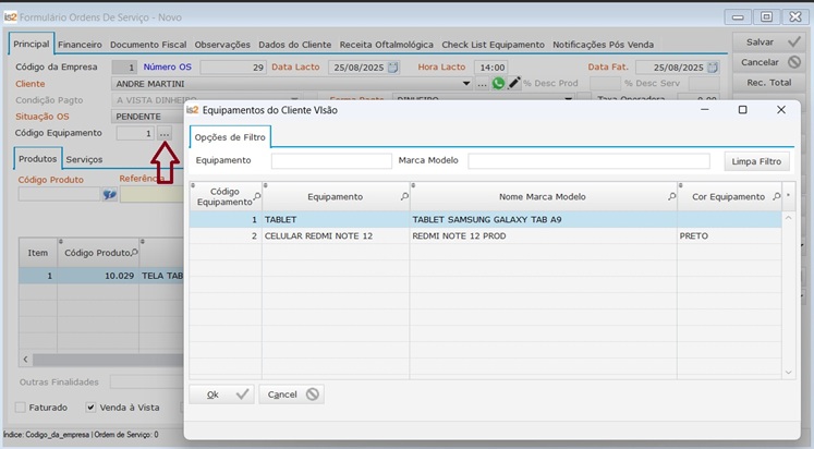 Software Loja de Roupas - Tela de Ordem de Serviço Lista de Equipamentos do Cliente na Ordem de Serviço