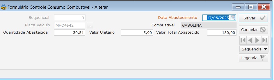 Software Gestão de Frotas - Tela de Controle de Consumo de Combustível