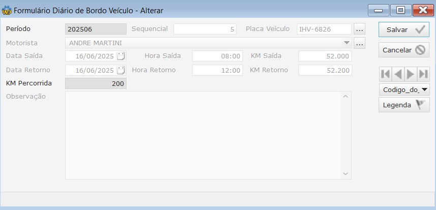 Software Gestão de Frotas - Tela Diário de Bordo do Veículo