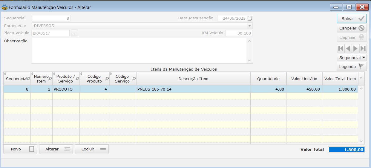 Software Gestão de Frotas - Tela Manutenção de Veículos
