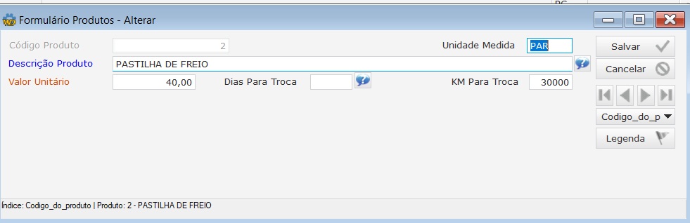 Software Gestão de Frotas - Cadastro de Produtos