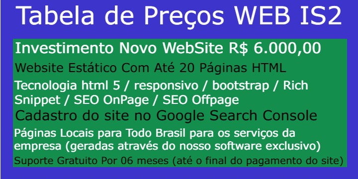 Tabela de Preços Desenvolvimento Website IS2