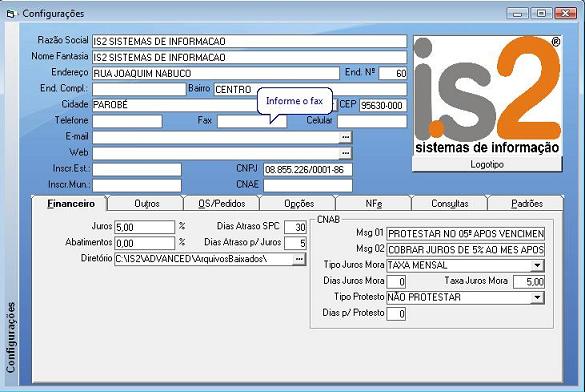 Software Oficina Mecânica de Caminhão - Tela de COnfigurações